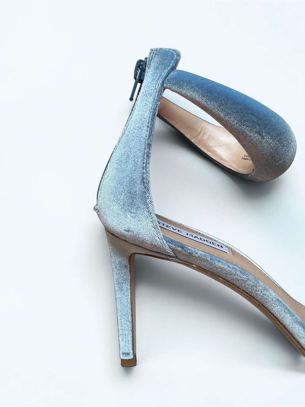 Steve Madden Powder Blue Velvet Ankle-Strap Stiletto Sandals - Picture 5 of 14
